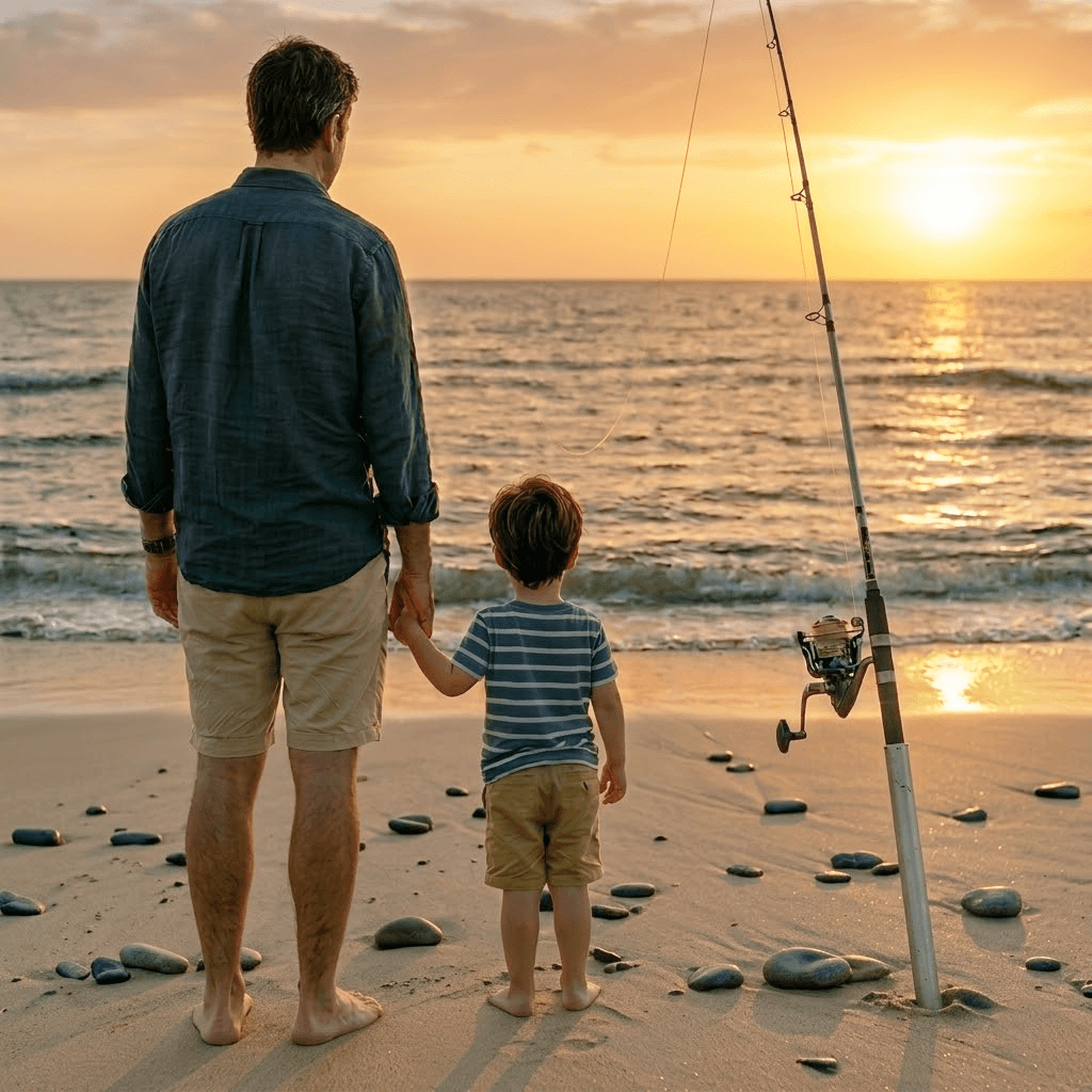Father and son fishing together on a Spanish beach at sunset